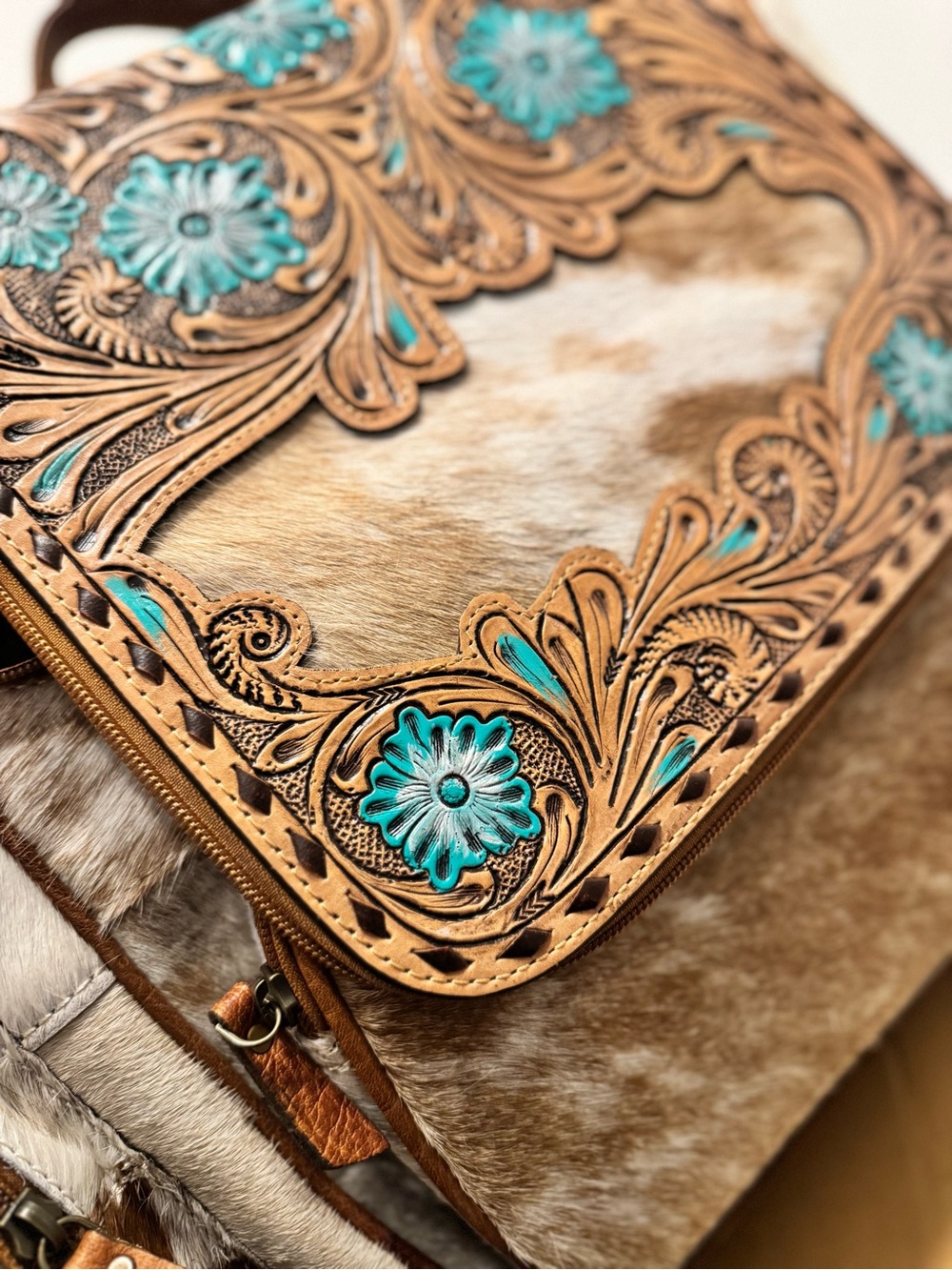 Turquoise Floral Tooled Leather & Hair-on Hide large Book Bag